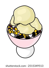 Hand drawn vector illustration of Sop duren. Famous dessert in Indonesia made from fresh durian and ice cubes, sweetened with condensed milk, cheese, grass jelly, corn.