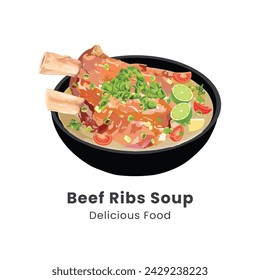 Hand drawn vector illustration of soto iga or beef ribs soup Indonesian culinary
