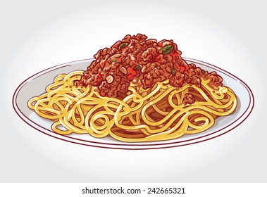 Hand drawn vector illustration of spaghetti with bolognese sauce.