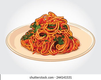 Hand drawn vector illustration of spaghetti with spicy arrabbiata sauce on a plate.