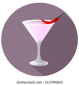 Hand drawn vector illustration of spicy chili infused cocktail, in a violet circle with long shadow and text. Bar menu
