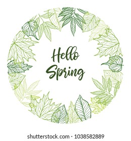 Hand drawn vector illustration. Spring label with green leaves, herbs and branches. Floral Design elements. Perfect for wedding invitations, greeting cards, blogs, posters and more