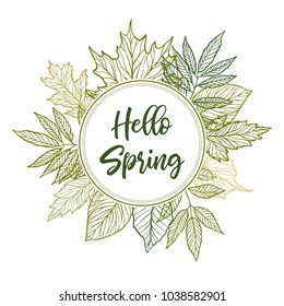 Hand drawn vector illustration. Spring label with green leaves, herbs and branches. Floral Design elements. Perfect for wedding invitations, greeting cards, blogs, posters and more