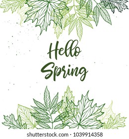 Hand drawn vector illustration. Spring label with green leaves, herbs and branches. Floral Design elements. Perfect for wedding invitations, greeting cards, blogs, posters and more