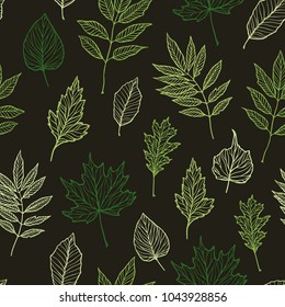 Hand drawn vector illustration. Spring seamless pattern with green leaves, herbs and branches. Floral Design elements. Perfect for wedding invitations, greeting cards, blogs, posters and more