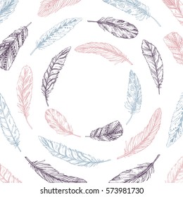 Hand drawn vector illustration. Spring frame with feathers. Perfect for invitations, greeting cards, blogs, posters and more