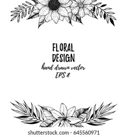 Hand drawn vector illustration - Square frame with flowers and leaves. Floral bouquet. Perfect for invitations, greeting cards, tattoo, textiles, prints, posters etc