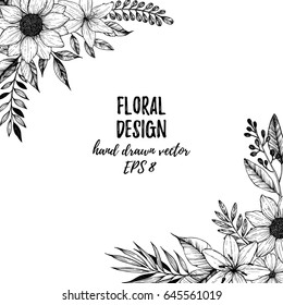 Hand drawn vector illustration - Square frame with flowers and leaves. Floral bouquet. Perfect for invitations, greeting cards, tattoo, textiles, prints, posters etc