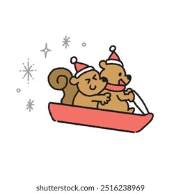 Hand drawn vector illustration of squirrels playing on a sled