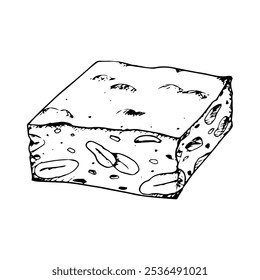 Ilustración vectorial dibujada a mano de piezas de turrón apiladas con almendras y nueces visibles. Turrón dulce de Navidades tradicionales. Ideal para menús de postres, envases de confitería y diseños con temática navideña