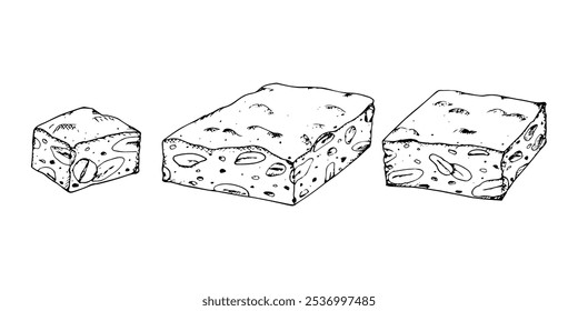 Hand drawn vector illustration of stacked nougat pieces with visible almonds and nuts. Traditional Christmas sweet turron. Ideal for dessert menus, confectionery packaging and holiday-themed designs