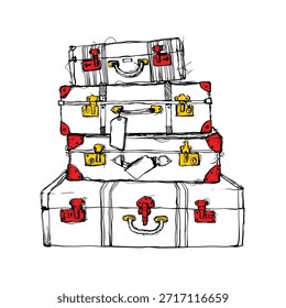 Hand drawn vector illustration of stacked vintage suitcases. Sketch style luggage with red and yellow accents. Travel, journey, vacation and retro concept isolated on white background.