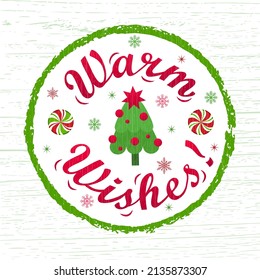 Handgezeichnete Vektorgrafik mit dem Stempel "Warme Wünsche" mit Weihnachtsbaum für Abzeichen, Geschenkkarte, Druck oder Etikett