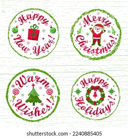 Hand drawn vector illustration with stamps with color lettering on textured background Happy New Year, Merry Christmas, Warm Wishes, Happy Holidays for advertising, poster, card, banner, print, label