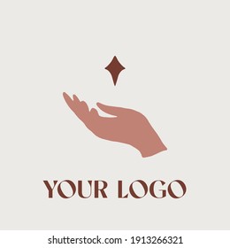 Hand drawn vector illustration of hand with star, linear style, line drawing. Vector logo, logotype, emblem, symbol.