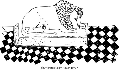 hand drawn vector illustration of statue of lying lion on plinth with black and white squares pattern 