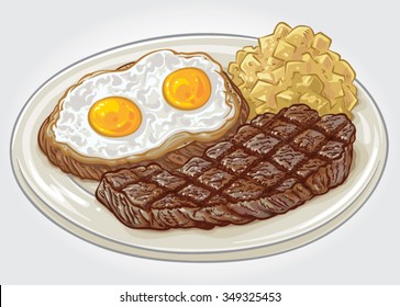 Hand drawn vector illustration of a steak and eggs dish with bread and potato salad on a plate.