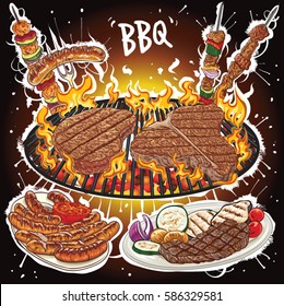 Hand drawn vector illustration of steaks on hot barbecue grill with barbecue varieties.