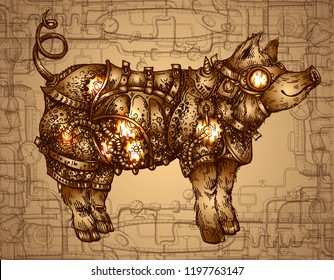 Hand drawn vector illustration steampunk pig. Sketch style drawing. Symbol of 2019 new year. 