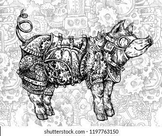 Hand drawn vector illustration steampunk pig. Sketch style drawing. Symbol of 2019 new year. 