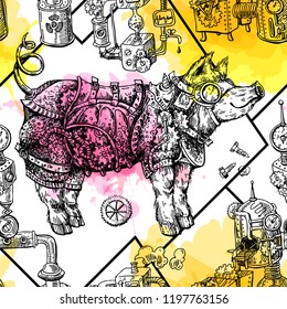 Hand drawn vector illustration steampunk pig. Sketch style drawing. Symbol of 2019 new year. 