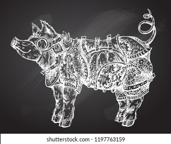 Hand drawn vector illustration steampunk pig. Sketch style drawing. Symbol of 2019 new year. 