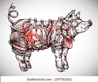 Hand drawn vector illustration steampunk pig. Sketch style drawing. Symbol of 2019 new year. 