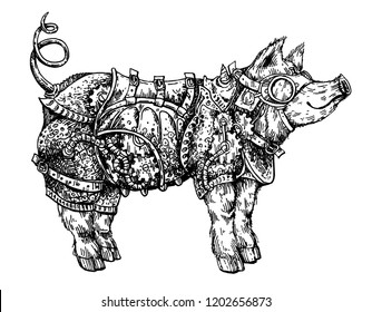 Hand drawn vector illustration steampunk pig. Sketch style drawing. Symbol of 2019 new year. 