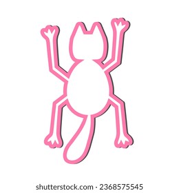 A Hand drawn vector illustration a sticker of fun cute adult young pink cat is hanging on a white background