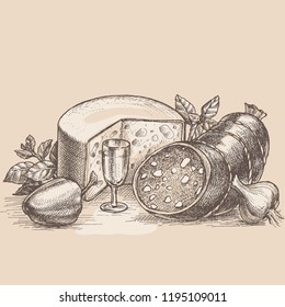 Hand drawn vector illustration still-life retro food advertisement layout design template.
