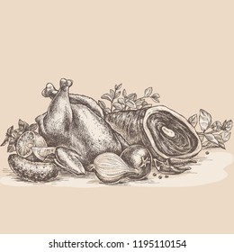 Hand drawn vector illustration still-life retro food advertisement layout design template.
