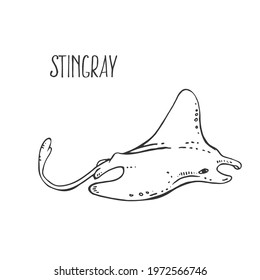 Hand drawn vector illustration of stingray. Sea animal, ray, colored page. Childish fish images for design, packaging, book