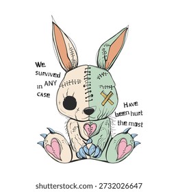 Ilustración vectorial dibujada a mano de un conejo cosido con cita emocional. Símbolo de trauma, supervivencia y fuerza interior. Perfecto para estampados, ropa, carteles y pegatinas.