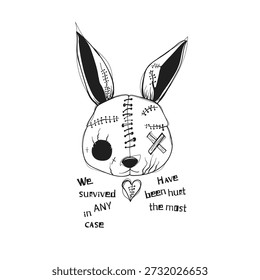 Handgezeichnete Vektorgrafik eines genähten Hasen mit emotionalem Zitat. Symbol für Trauma, Überleben und innere Stärke. Perfekt für Prints, Bekleidung, Poster und Aufkleber.