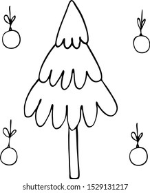 Hand drawn vector illustration. Strange Christmas tree Christmas tree toys doodle style. For coloring book.