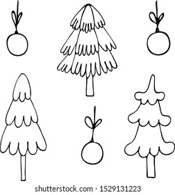 Hand drawn vector illustration. Strange Christmas tree Christmas tree toys cartoon style.