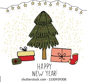 Hand drawn vector illustration. Strange Christmas tree with gifts in cartoon style.
