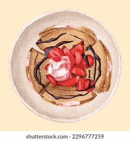 Hand drawn vector illustration of strawberry crepe dessert dish isolated top view in color pencil style