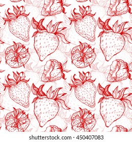 Hand drawn vector illustration - Strawberry background. Seamless pattern