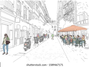 Hand drawn vector illustration. Street scene in Madrid. People enjoy dining on a terrace in the back streets of a Madrid neighborhood.