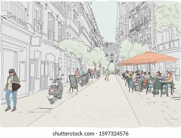 Hand drawn vector illustration. Street scene in Madrid. People enjoy dining on a terrace in the back streets of a Madrid neighborhood. Full color.