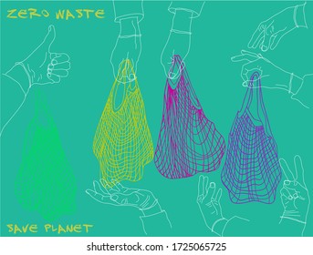 Hand drawn vector illustration with string colourful bags and hands in different gestures. Zero waste art poster. Safe our planet. No plastic bags.National recycling day concept.