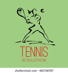 Hand drawn vector illustration in style sumi-e with a silhouette of women tennis player and space for text on light green background.