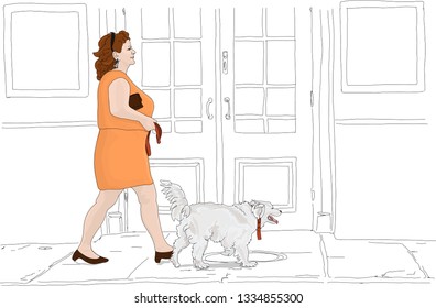 Hand drawn vector illustration. A stylish woman takes her dog for a walk off leash in the city. White background.