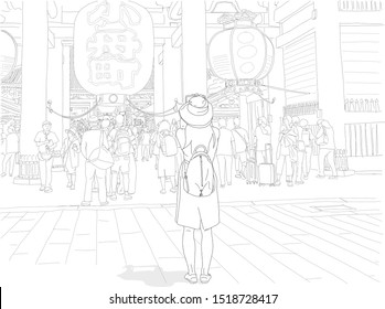 Hand drawn vector illustration. A stylish young woman takes a photo of the famous Senso Ji temple while traveling in Tokyo, Japan. Black and white.