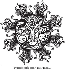 Hand drawn vector illustration.
Stylized sun and moon at equinox. Astronomical and astrological sacred symbol.