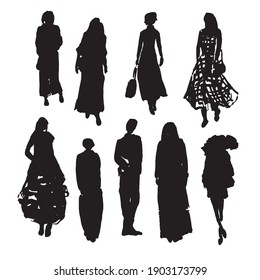 Ilustración vectorial dibujada a mano: gente estilizada. Dibujos acuáticos. Tres mujeres vestidas de moda