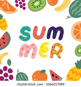 Hand drawn vector illustration of summer text and fruit frame on white background.Abstract doodle wallpaper.