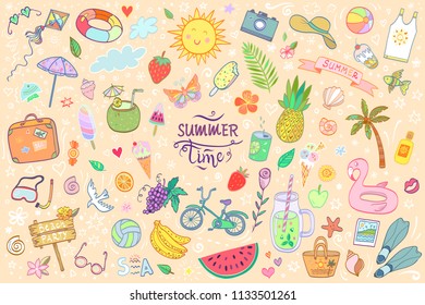 Hand drawn vector illustration with summer time objects and elements.Set of cartoon style isolated doodles and lettering. Funny picture about holidays,beach party,sweeming,travelling.