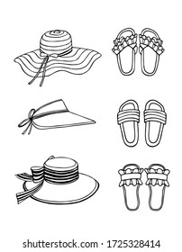 Hand drawn vector illustration. Summer shoes, flip-flops, sandals, and straw hats with decor. Set, collage of fashionable elements. Black sketch, Doodle on a white background